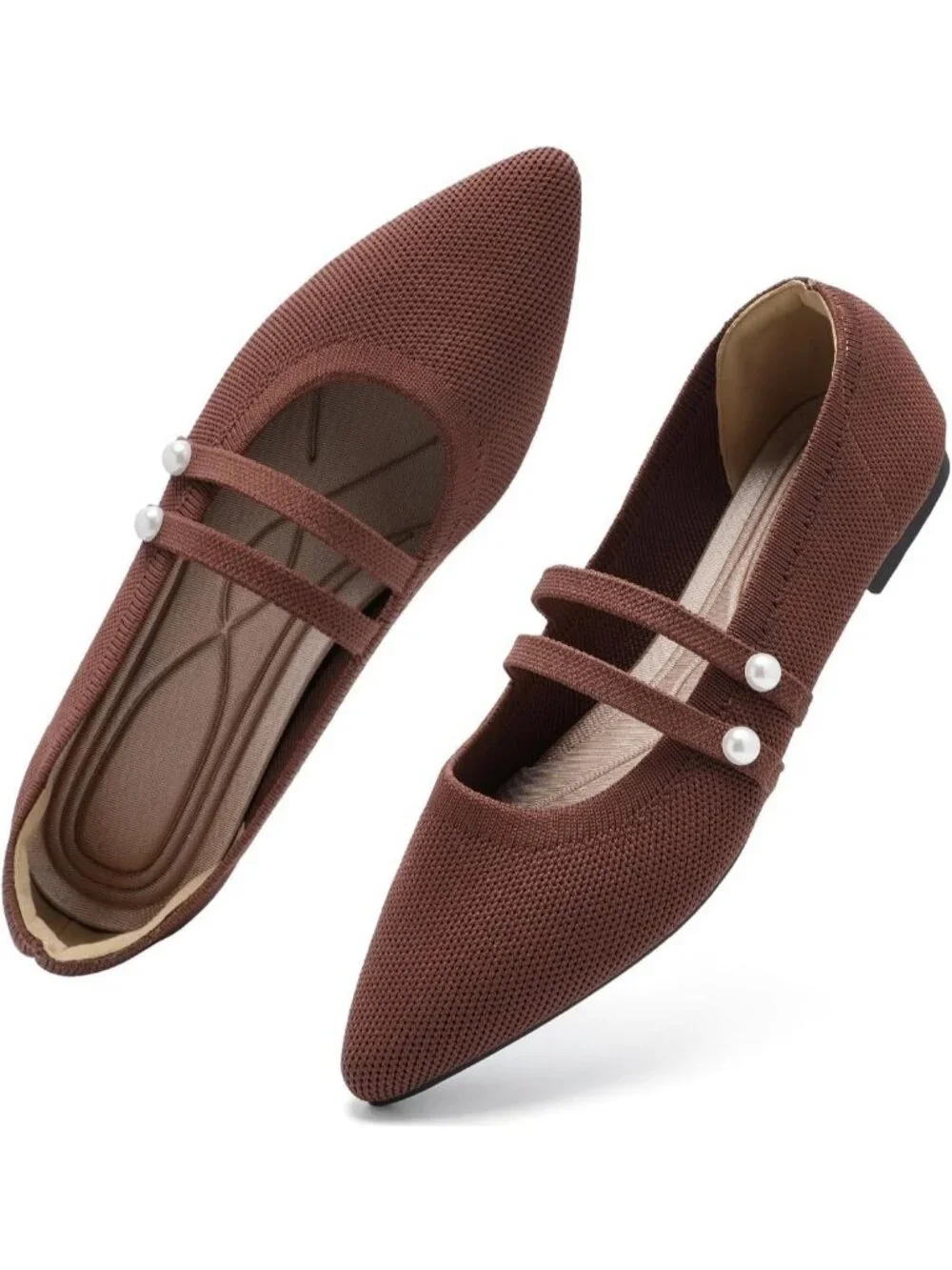 Women's Coffee Rubber Knit Pointed Toe Double Strap Ballet Flat Breathable Shoes